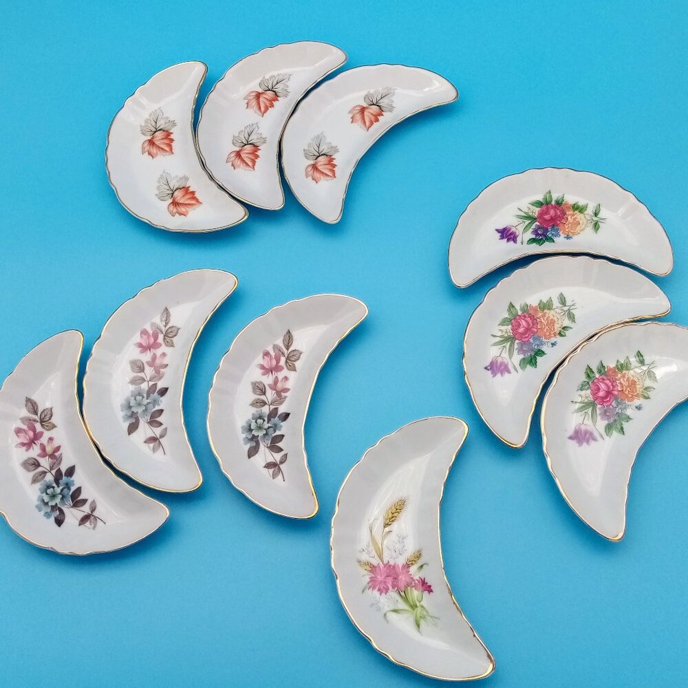 10 Vintage Floral Crescent Bone China Dishes with Gold Trim 1950s Chadwick of Ja